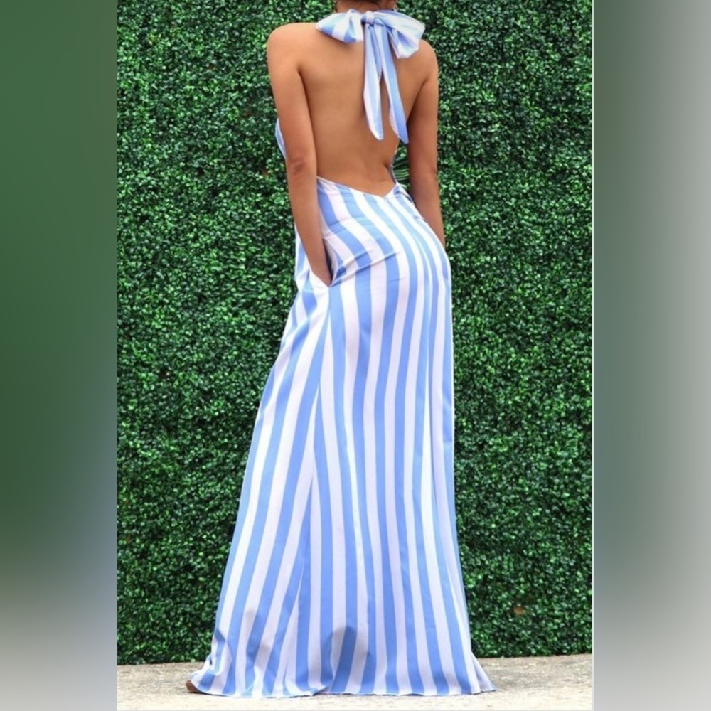 Light Blue Open Back Halter Tie Neck Zipper Closure Striped Detail Maxi Dress
